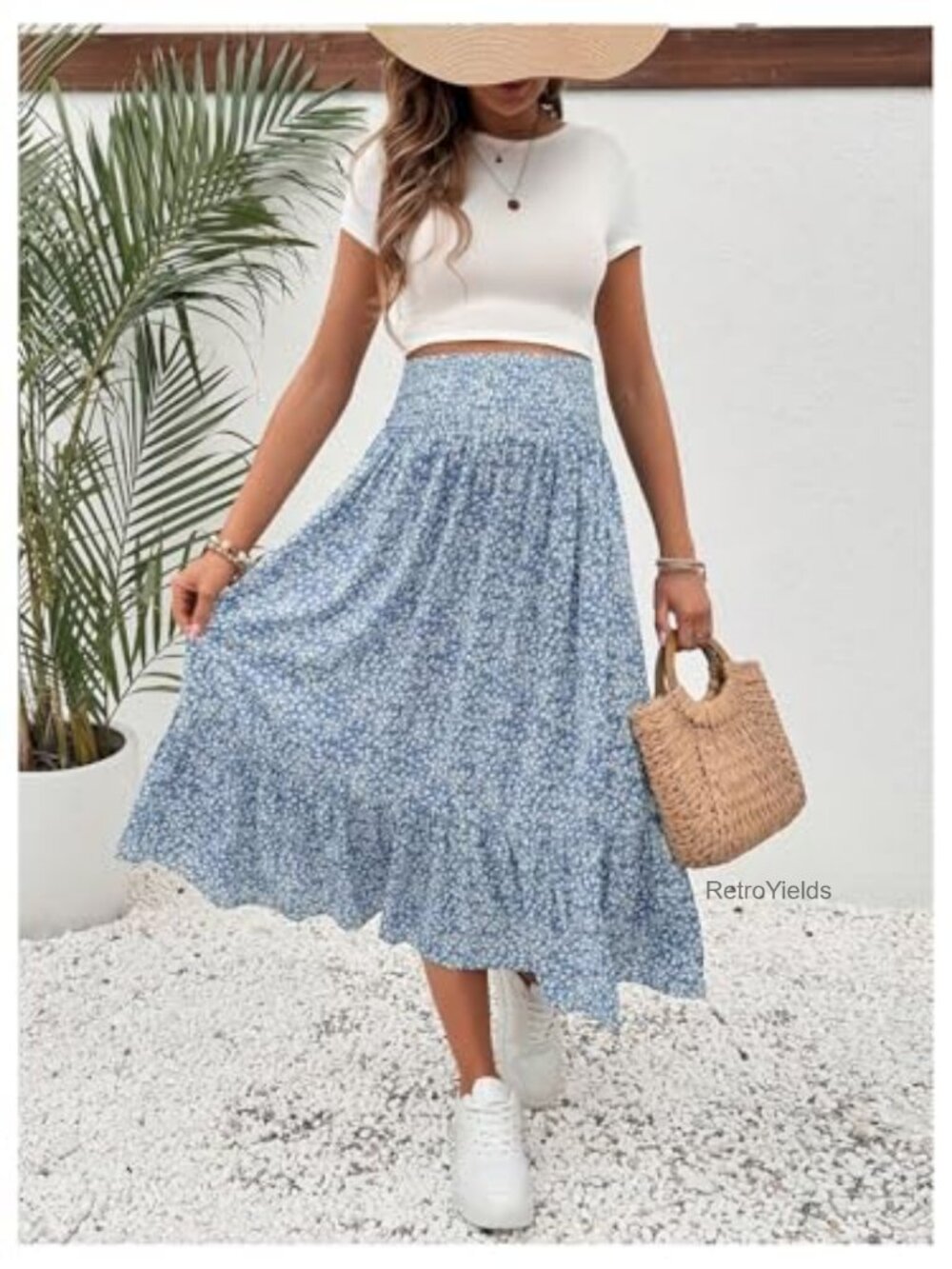 Maternity Floral Midi Skirt - Shirred High Waisted Flowy Casual Pregnancy Skirt - Picture 5 of 6